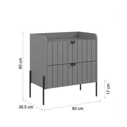 Imagem de mesa de cabeceira em madeira mdf reforçada com 2 gavetas riscada design classico moriah 60cm pé e puxador preto
