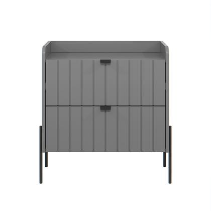 Imagem de mesa de cabeceira em madeira mdf reforçada com 2 gavetas riscada design classico moriah 60cm pé e puxador preto