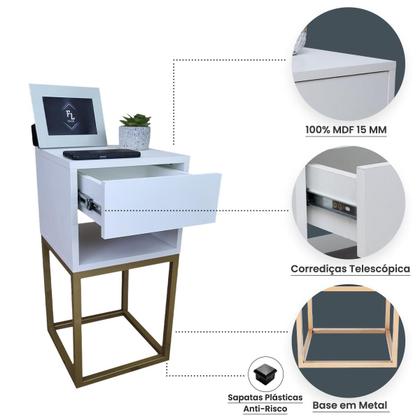 Imagem de Mesa de Cabeceira Estilo Industrial 30cm Branco Gaveta e Nicho Pés Ferro Dourado Quarto Lateral Cama