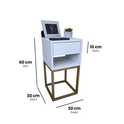 Imagem de Mesa de Cabeceira Estilo Industrial 30cm Branco Gaveta e Nicho Pés Ferro Dourado Quarto Lateral Cama