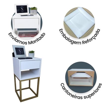 Imagem de Mesa de Cabeceira Estilo Industrial 30cm Branco Gaveta e Nicho Pés Ferro Dourado Quarto Lateral Cama
