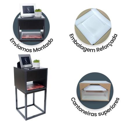 Imagem de Mesa de Cabeceira Estilo Industrial 30cm Preto Gaveta e Nicho Pés Ferro Preta Quarto Lateral Cama