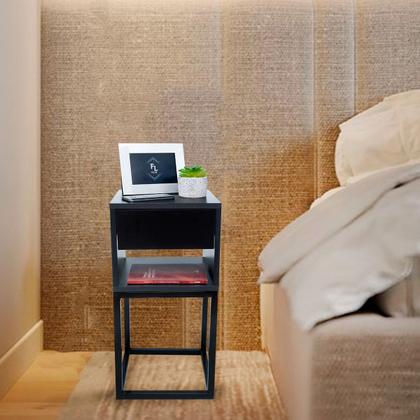 Imagem de Mesa de Cabeceira Estilo Industrial 30cm Preto Gaveta e Nicho Pés Ferro Preta Quarto Lateral Cama