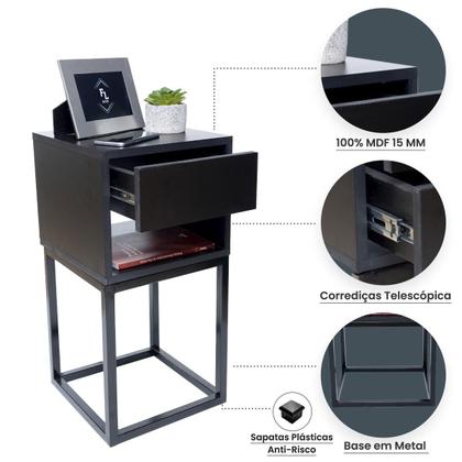 Imagem de Mesa de Cabeceira Estilo Industrial 30cm Preto Gaveta e Nicho Pés Ferro Preta Quarto Lateral Cama