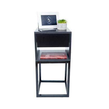 Imagem de Mesa de Cabeceira Estilo Industrial 30cm Preto Gaveta e Nicho Pés Ferro Preta Quarto Lateral Cama