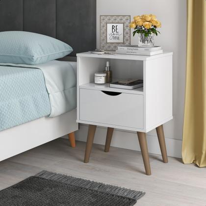 Imagem de Mesa de Cabeceira Grécia Pés Palito Retrô Quarto Canto Lateral Gaveta Usinada