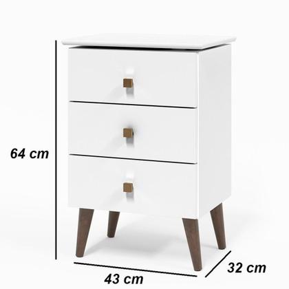 Imagem de Mesa De Cabeceira Liv Para Quarto Com 3 Gavetas Retrô Pés Palito - Branco - Maria Móveis
