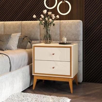 Imagem de Mesa de Cabeceira LUC Modelo Retrô Pés em Madeira e Corrediças Telescópicas Cor Off White / Cedro