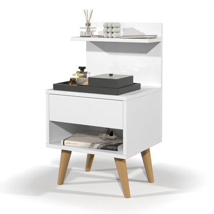 Imagem de Mesa de Cabeceira Madeira Cama Box Casal Quarto 1 Gaveta com Puxador Estilo Concha e Pés Palito Retrô Charme Decoração - Branco