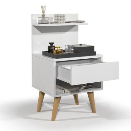 Imagem de Mesa de Cabeceira Madeira Cama Box Casal Quarto 1 Gaveta com Puxador Estilo Concha e Pés Palito Retrô Charme Decoração