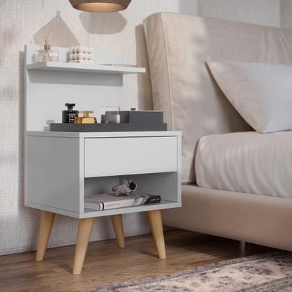 Imagem de Mesa de Cabeceira Madeira Cama Box Casal Quarto 1 Gaveta com Puxador Estilo Concha e Pés Palito Retrô Charme Decoração