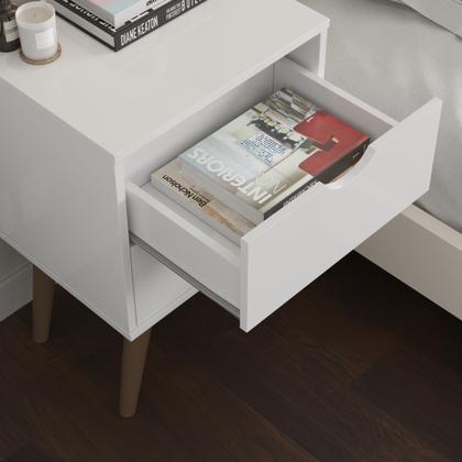 Imagem de Mesa de Cabeceira Madri Pés Palito Polipropileno Retrô Quarto Gaveta Usinada