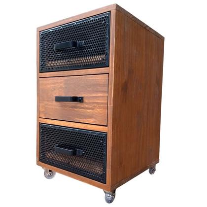 Imagem de Mesa de Cabeceira Modelo Industrial - Madeira cor Imbuia e Ferro em Preto - Com 3 Gavetas e 4 Rodízios