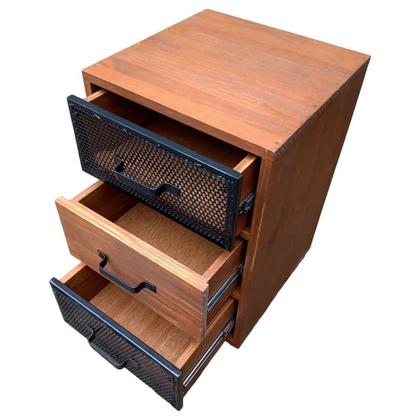 Imagem de Mesa de Cabeceira Modelo Industrial - Madeira cor Imbuia e Ferro em Preto - Com 3 Gavetas e 4 Rodízios