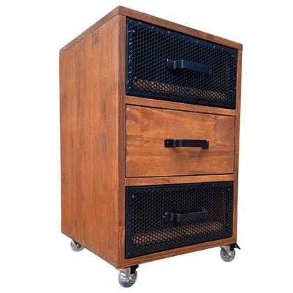 Imagem de Mesa de Cabeceira Modelo Industrial - Madeira cor Imbuia e Ferro em Preto - Com 3 Gavetas e 4 Rodízios