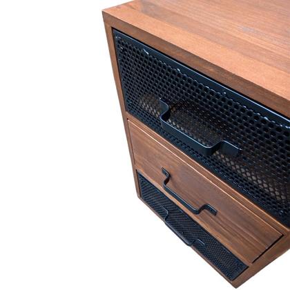 Imagem de Mesa de Cabeceira Modelo Industrial - Madeira cor Imbuia e Ferro em Preto - Com 3 Gavetas e 4 Rodízios