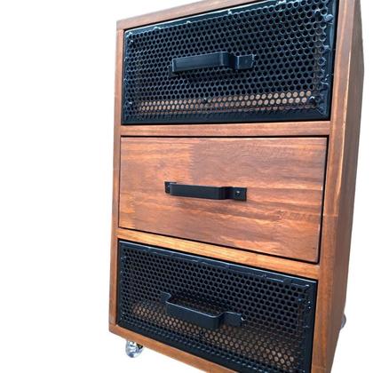 Imagem de Mesa de Cabeceira Modelo Industrial - Madeira cor Imbuia e Ferro em Preto - Com 3 Gavetas e 4 Rodízios