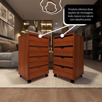 Imagem de Mesa de Cabeceira para quarto de casal ou solteiro com pés rodízios e 4 gavetas - Nature