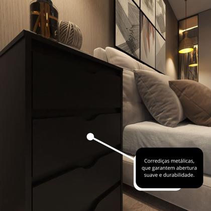 Imagem de Mesa de Cabeceira para quarto de casal ou solteiro com pés rodízios e 4 gavetas - Preto