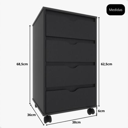 Imagem de Mesa de Cabeceira para quarto de casal ou solteiro com pés rodízios e 4 gavetas - Preto