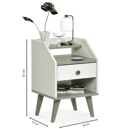 Imagem de Mesa de Cabeceira para Quarto Retrô 1 Gaveta Puxador Rose Dakota - Off White/ Freijó