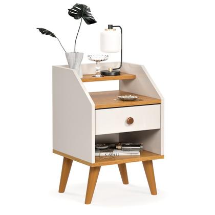 Imagem de Mesa de Cabeceira para Quarto Retrô 1 Gaveta Puxador Rose Dakota - Off White/ Freijó