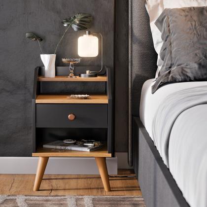 Imagem de Mesa de Cabeceira para Quarto Retrô 1 Gaveta Puxador Rose Dakota - Preto/ Freijó