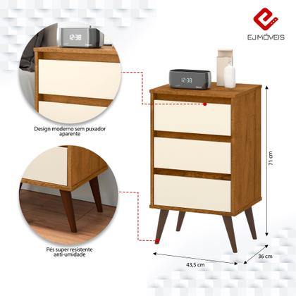 Imagem de Mesa de Cabeceira para quarto Retrô Wood 3 gavetas pés palito em plástico - Freijó com Off White