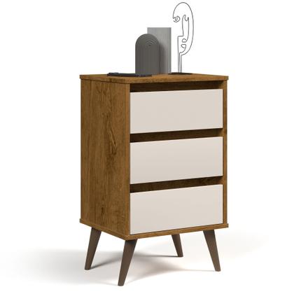 Imagem de Mesa de Cabeceira para quarto Retrô Wood 3 gavetas pés palito em plástico - Freijó com Off White