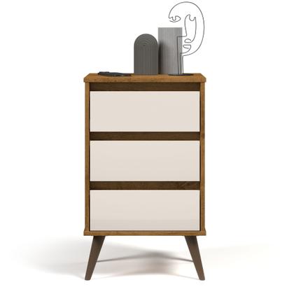 Imagem de Mesa de Cabeceira para quarto Retrô Wood 3 gavetas pés palito em plástico - Freijó com Off White
