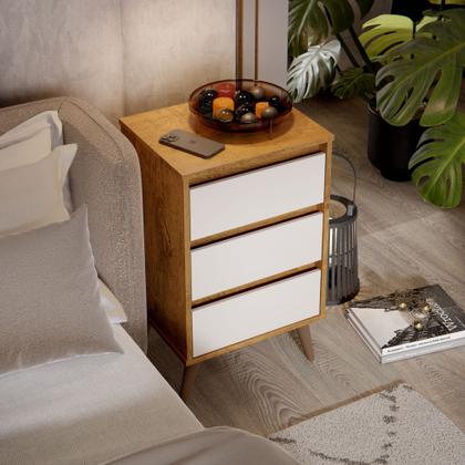 Imagem de Mesa de Cabeceira para quarto Retrô Wood 3 gavetas pés palito em plástico - Freijó com Off White