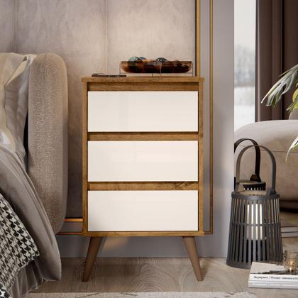 Imagem de Mesa de Cabeceira para quarto Retrô Wood 3 gavetas pés palito em plástico - Freijó com Off White