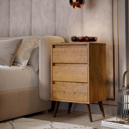 Imagem de Mesa de Cabeceira para quarto Retrô Wood 3 gavetas pés palito em plástico - Freijó