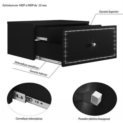 Imagem de Mesa de Cabeceira Penteadeira Suspensa Strass com divisórias 50cm Preto Ac - Olivar Móveis