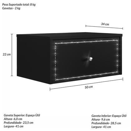 Imagem de Mesa de Cabeceira Penteadeira Suspensa Strass com divisórias 50cm Preto Ac - Olivar Móveis