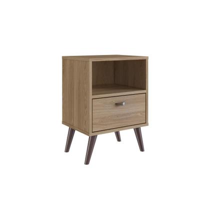 Imagem de Mesa de Cabeceira Pequena Apoio Lateral Com 1 Nicho 1 Gaveta 4 Pés Quarto Marrom Madeira