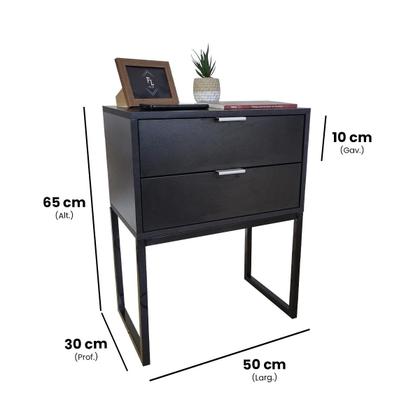 Imagem de Mesa De Cabeceira Preta Eco Industrial 50cm 2 Gavetas MDF Base Ferro Quarto Lateral Cama Já Montado