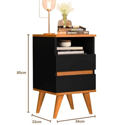 Imagem de Mesa de Cabeceira Quarto Apoio Lateral Cama Box Casal Estilo Decoração Retrô Pop 2 Gavetas - Preto/Nature