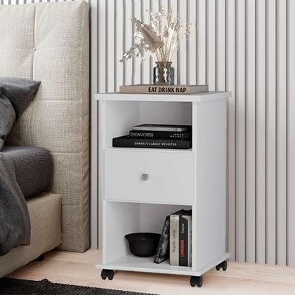 Imagem de Mesa De Cabeceira Quarto Gaveteiro Organizador com Pés em Rodízio e 1 Gaveta e 2 Nichos Otto Primus - Branco