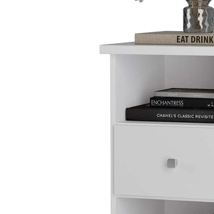 Imagem de Mesa De Cabeceira Quarto Gaveteiro Organizador com Pés em Rodízio e 1 Gaveta e 2 Nichos Otto Primus - Branco