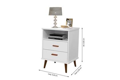 Imagem de Mesa de Cabeceira Quarto Mesinha Apoio Lateral Cama Box Casal Estilo Decoração Retrô Itália 2 Gavetas Branco