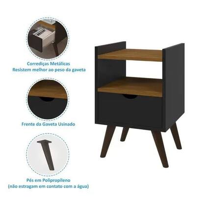 Imagem de Mesa De Cabeceira Quarto Retrô Com Nicho e 1 Gaveta Classic Decor Preto Com Freijó K7 Plus
