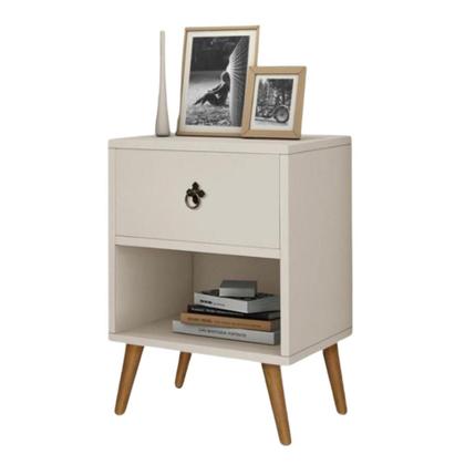 Imagem de Mesa de Cabeceira Retrô 1 Gaveta e Pés Palito Off White - Rede Moveis