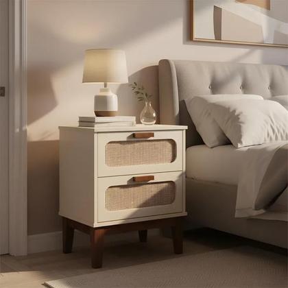 Imagem de Mesa de Cabeceira Retrô 2 Gavetas Santorini 45cm com Telinha Indiana Off White