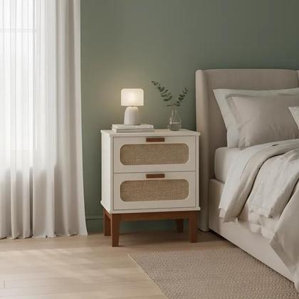 Imagem de Mesa de Cabeceira Retrô 2 Gavetas Santorini 45cm com Telinha Indiana Off White