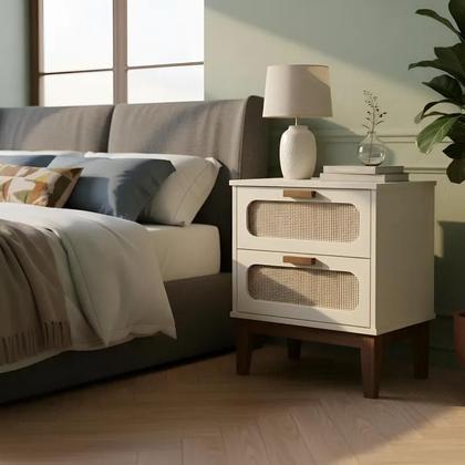 Imagem de Mesa de Cabeceira Retrô 2 Gavetas Santorini 45cm com Telinha Indiana Off White