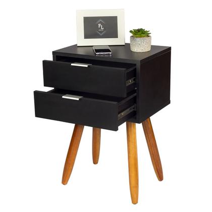 Imagem de Mesa de Cabeceira Retrô 40cm Preto 2 Gavetas Pés Palito Madeira Maciça - Enviamos Montado
