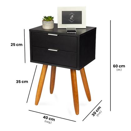 Imagem de Mesa de Cabeceira Retrô 40cm Preto 2 Gavetas Pés Palito Madeira Maciça - Enviamos Montado