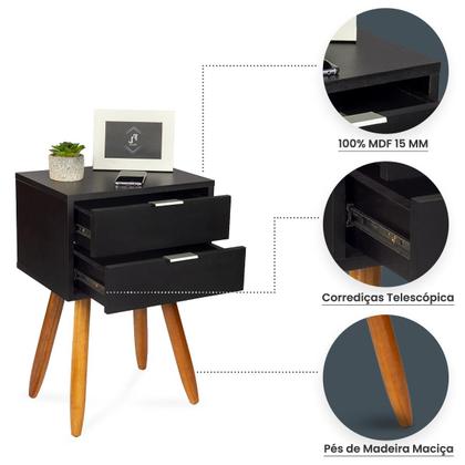 Imagem de Mesa de Cabeceira Retrô 40cm Preto 2 Gavetas Pés Palito Madeira Maciça - Enviamos Montado