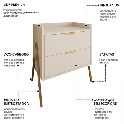 Imagem de Mesa de Cabeceira Retrô com 2 Gavetas Asher 45cm - Off White